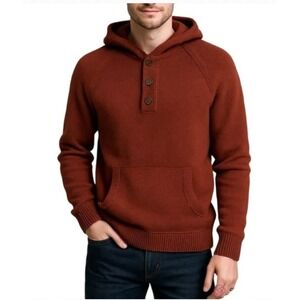 NEW Mens Knit Cotton Hoodie Sweater 1/4 Button Kangaroo Pocket Red Size Small